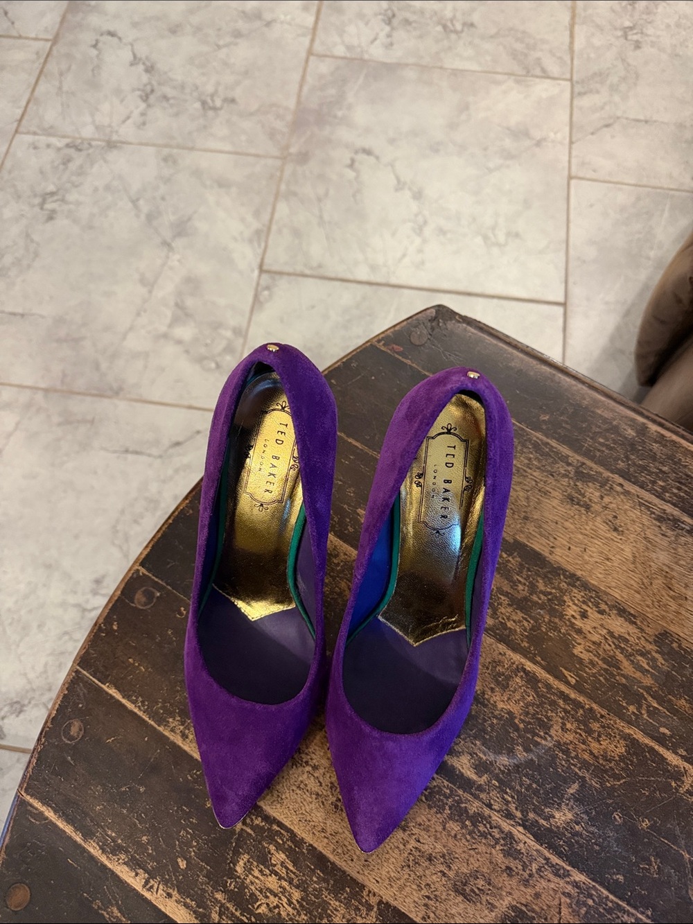 Ted Baker Purple Suede Pointed Pumps with Gold Accents